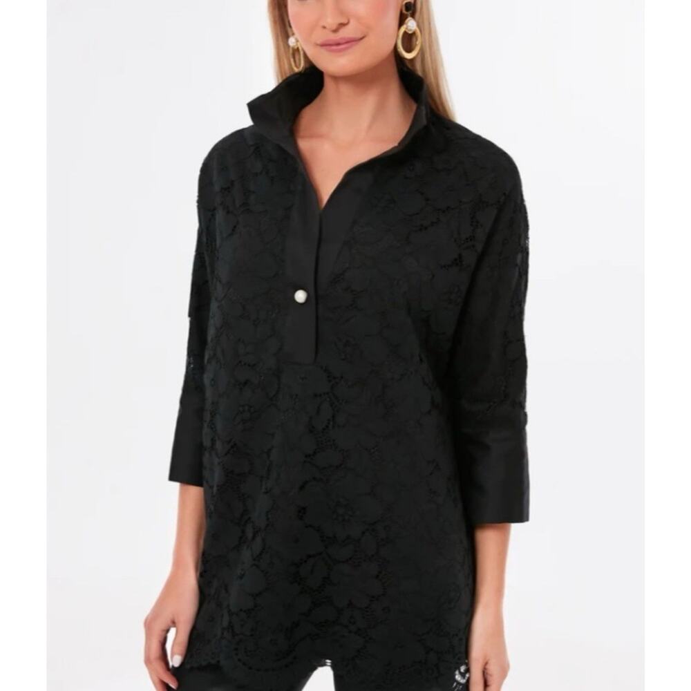 NWT Tuckernuck Black Willow‎ Collared Lined Lace Tunic Top Quiet Luxury Sz XS